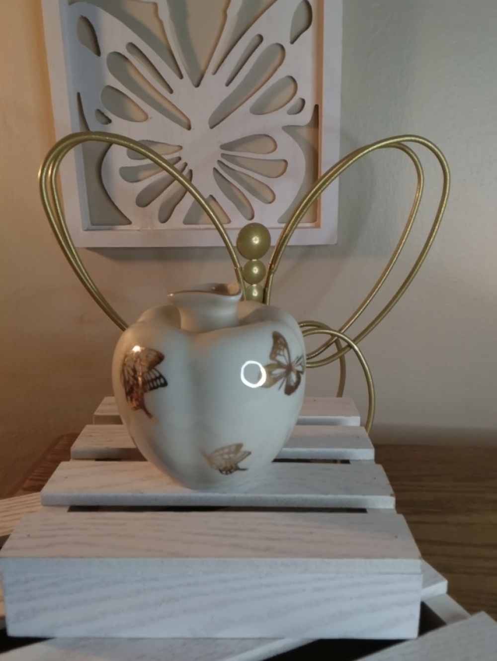 Ceramic Butterfly Accent Vase in Cream with Gold Accents
